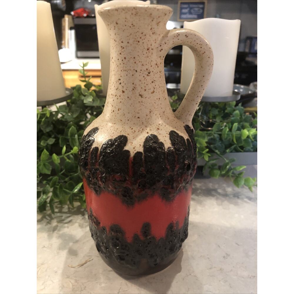 Bay Ceramic Fat Lava Vase, 7120, Fire Red Black Lava Cream Splatter Wear Germany